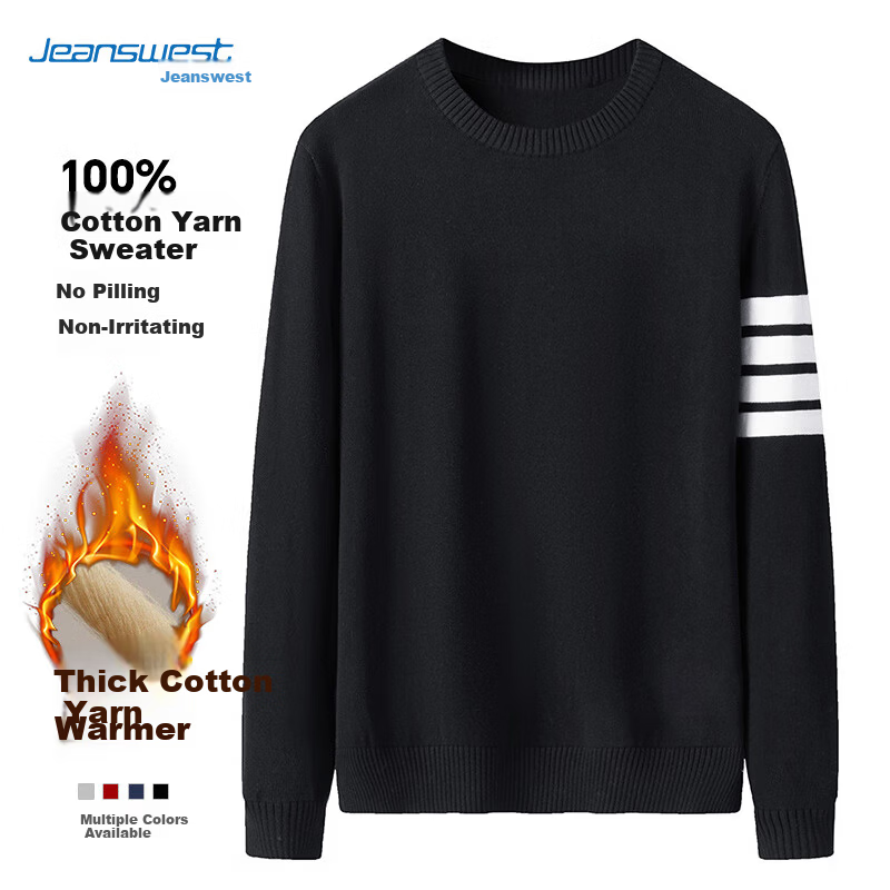 Jeanswest Men's Autumn Winter Crew Neck Casual Thickened Warm Pure Cotton Sweater Fashion Youth Comfortable Knitwear