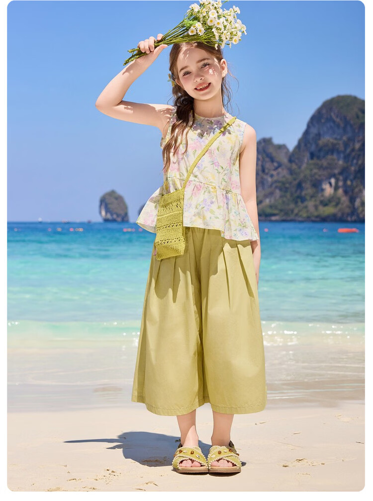 ASK JUNIOR 2026 Summer Kids Sleeveless Floral Top and Lantern Pants Set for Girls 12