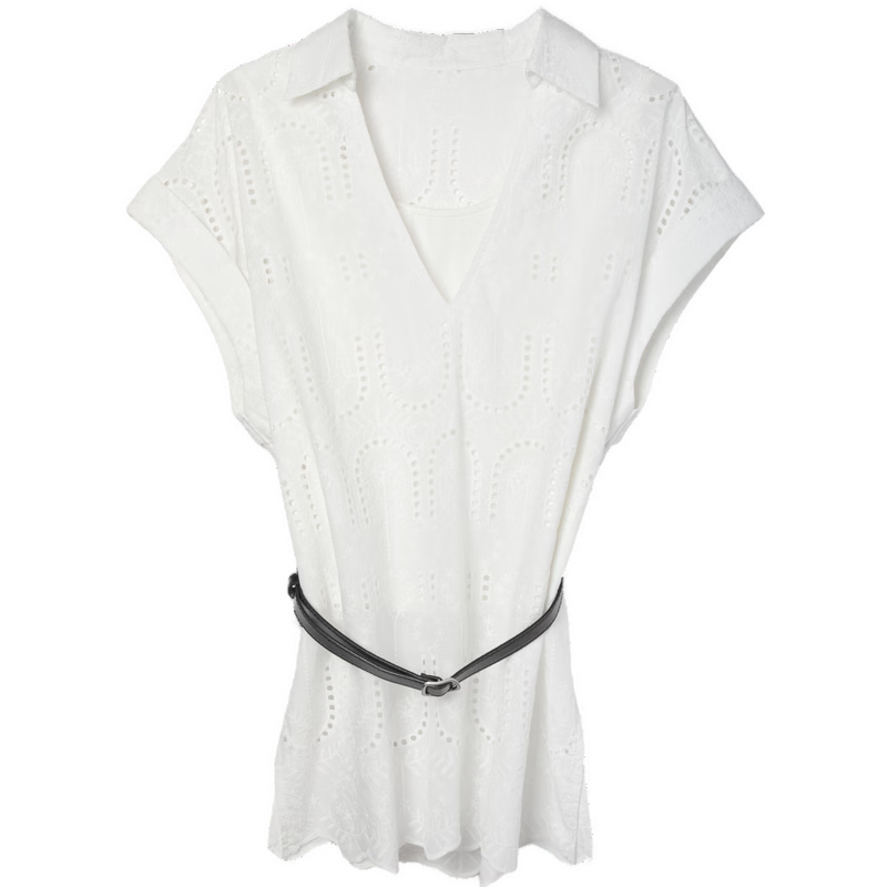 Demana Pure Cotton Light Life Summer V-Neck Lace Embroidered Shirt Color-Block Belted Short Sleeve Blouse for Women