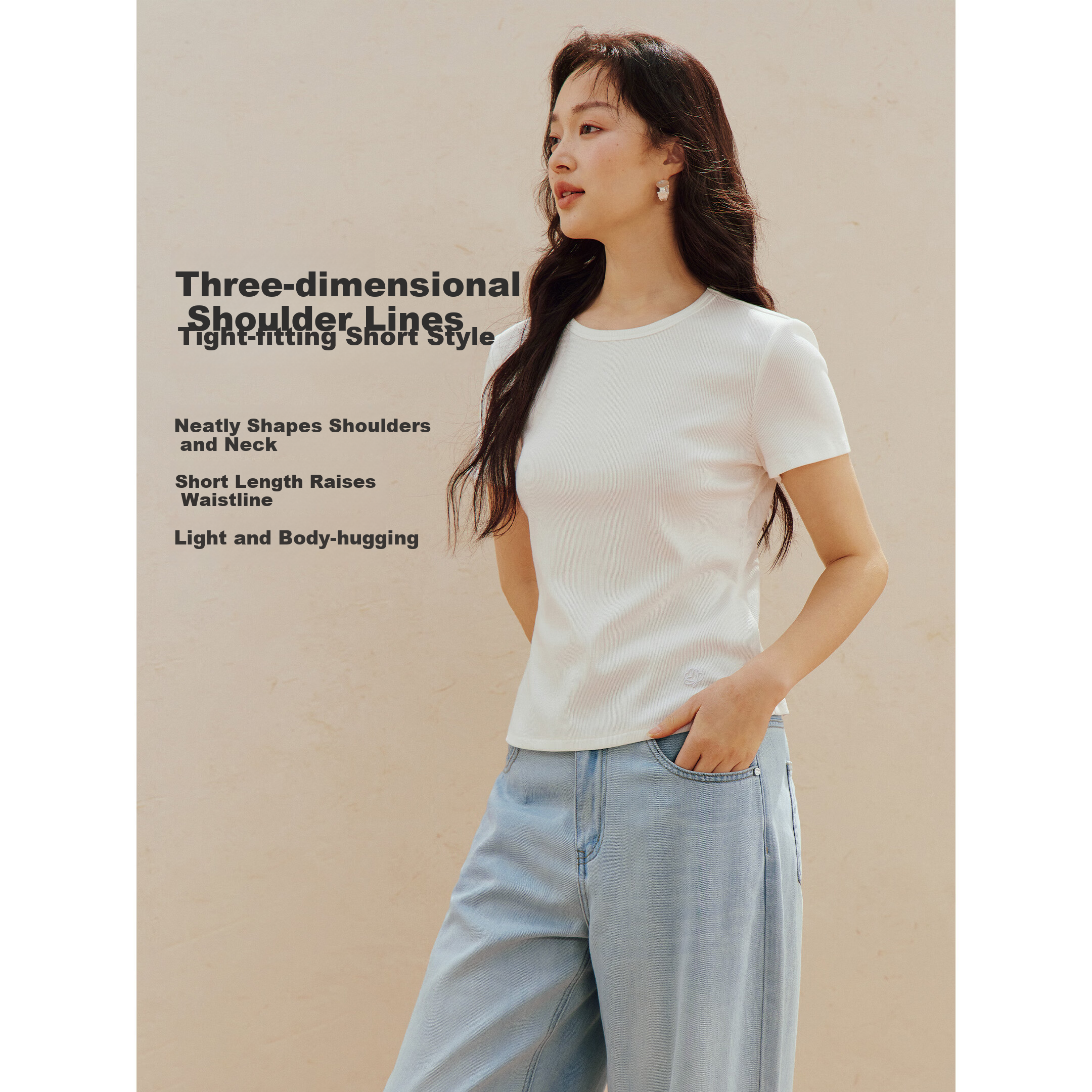 INMAN Casual Fitted Crew Neck Short Sleeve T-Shirt 26 Summer Women's New Solid Color Inner Top White M