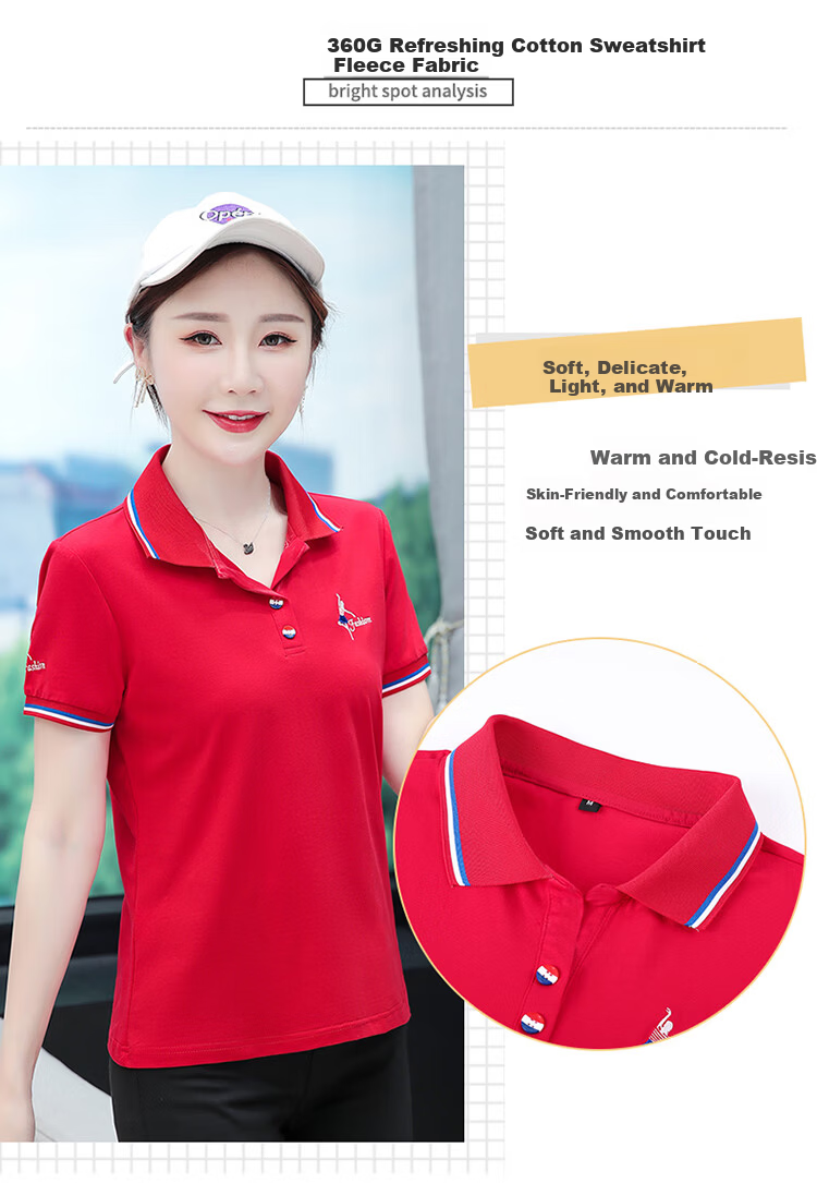 Woodpecker Women's Pure Cotton Short Sleeve T-Shirt Summer Printed Slim Fit Shoulder Polo Shirt Red XL 4