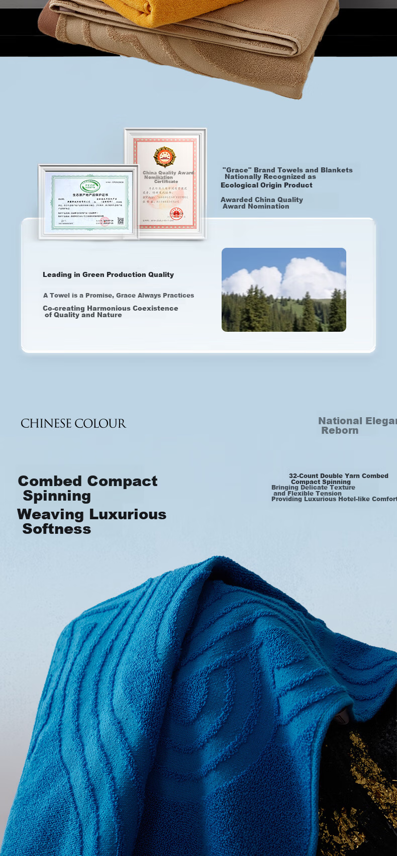 Grace Guose Xiangyun High-Energy Five Elements Bath Towel 10A Antibacterial Pure Cotton Absorbent Skin-Friendly All Cotton Bath Towel Sports Light Blue 10