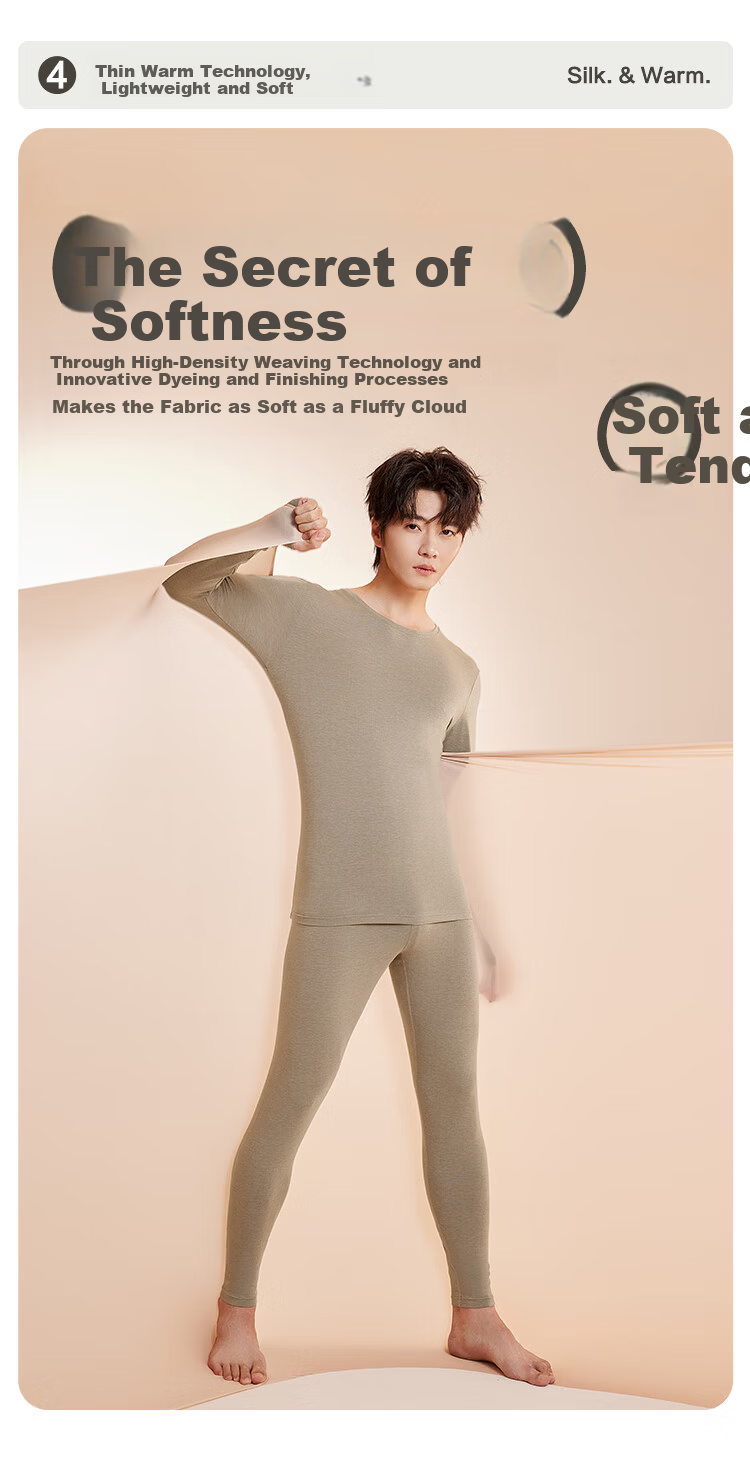 Hodo Women's 7A Antibacterial and Anti-Mite Modal Silk Smooth Thin Warm Camellia Oil Infused Round Neck Thermal Underwear Set 6