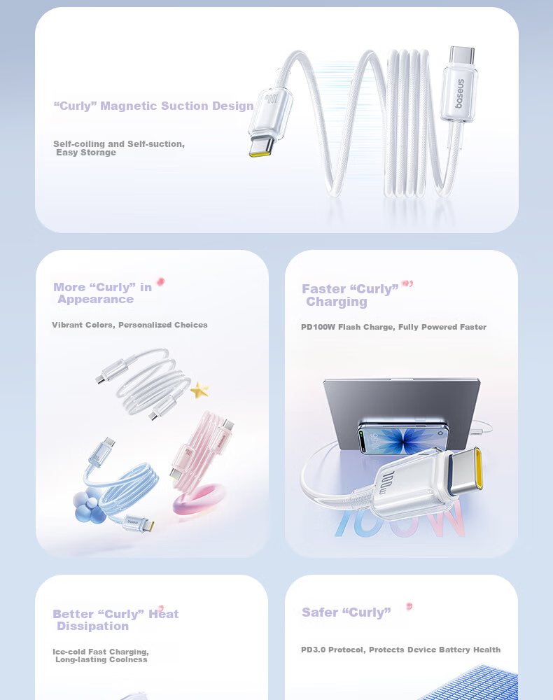 Baseus Magnetic Dual-Head Type-C PD 100W Fast Charging Cable for Huawei Honor Xiaomi Apple iPad Laptop Phone 1m Pink 2