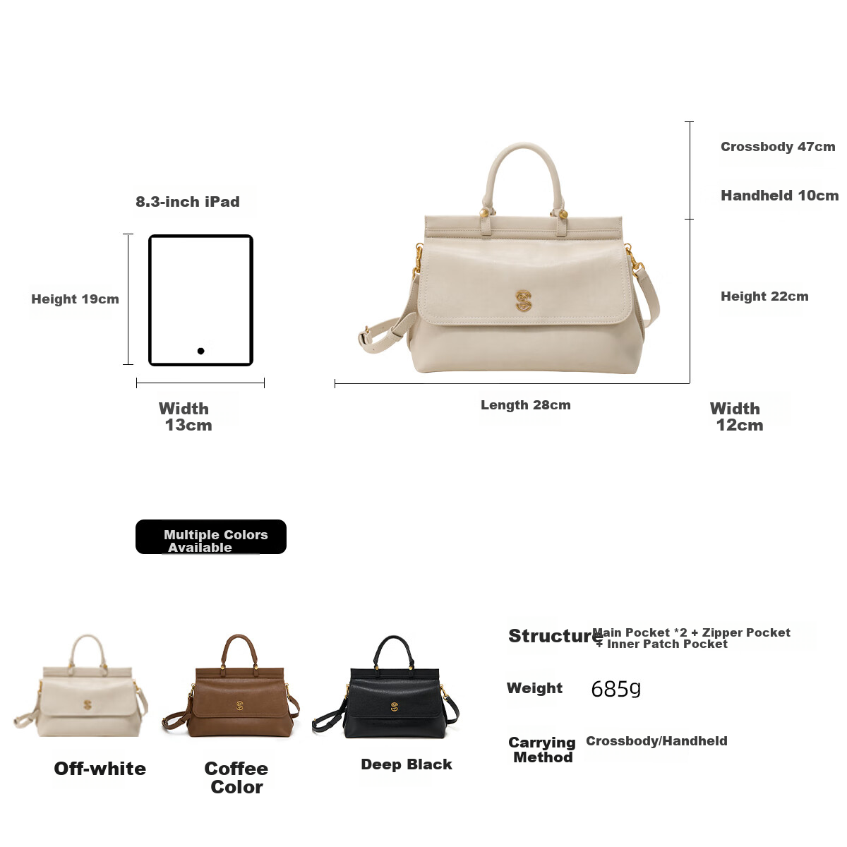 Ximuting Chasing Light Women's Cowhide Handbag New Vintage High-End Light Luxury Simple Versatile Bag Off-White