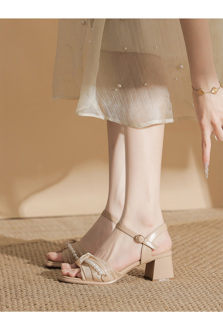 ZHR Women's Chunky Heel Sandals Summer 2026 New High Heels French Style Pearl Dress Shoes JF595 Beige Size 38 16