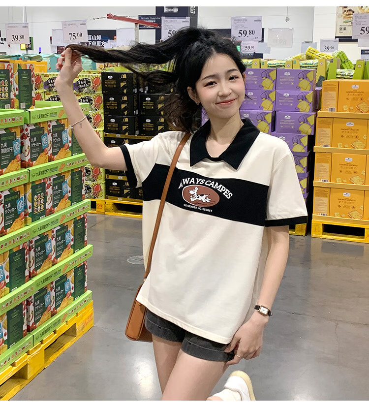 TonLion 2025 Spring Women's Colorblock Front Pattern Short Sleeve Polo Shirt Off-White S 13