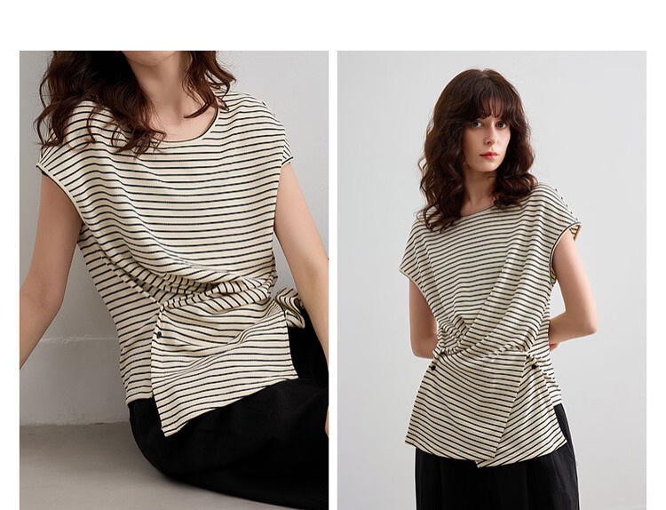 Demana [Mianyun Xiaoqi] Summer Simple Style Colorblock Striped Twist Round Neck Slim Fit Women's T-Shirt 7
