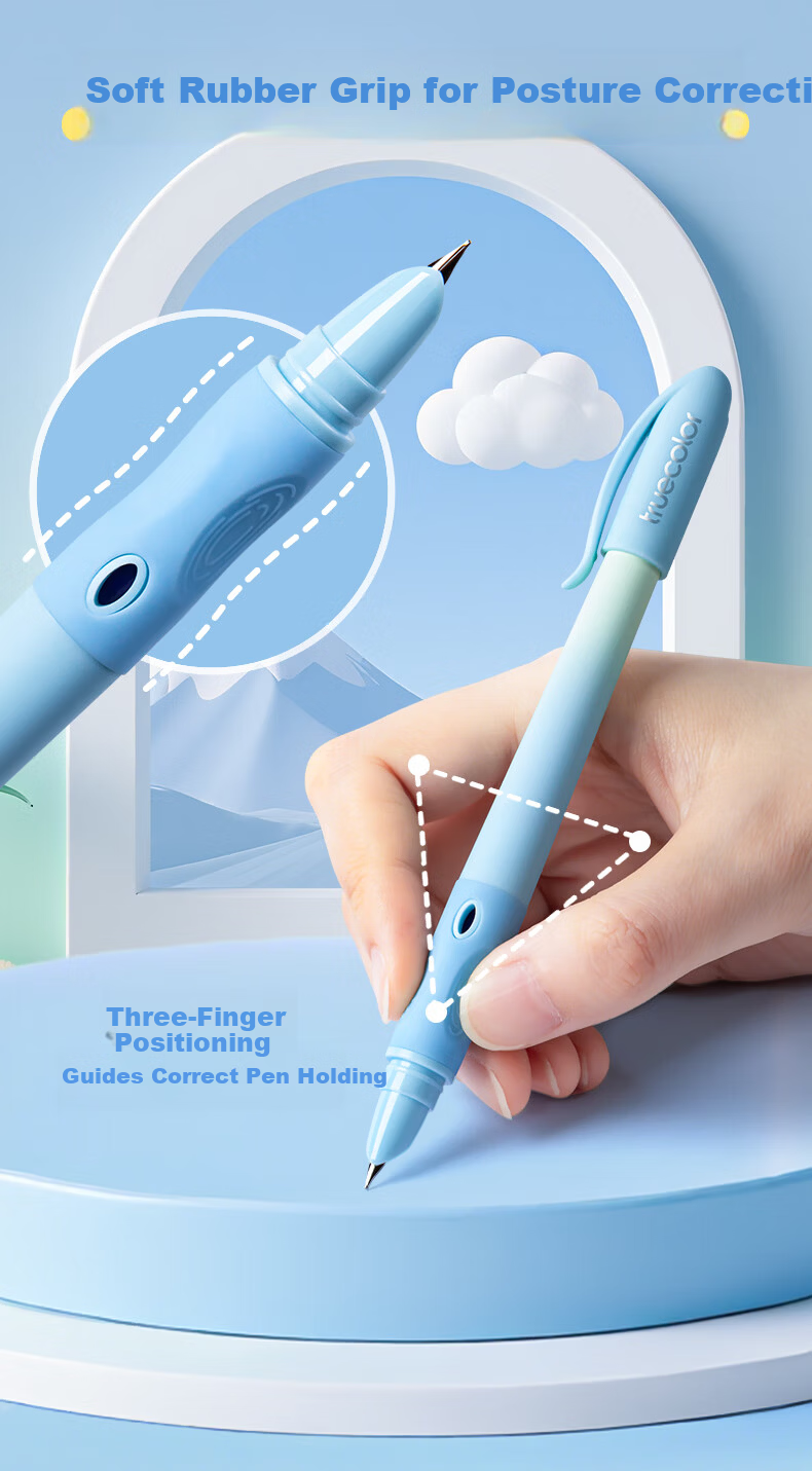 TRUECOLOR Blue Thermal Erasable Fountain Pen 0.38mm for Elementary Students Grade 3 Children Handwriting Practice Posture Correction Refillable Ink Cartridge High Appearance Unisex Beginner Fountain P 5