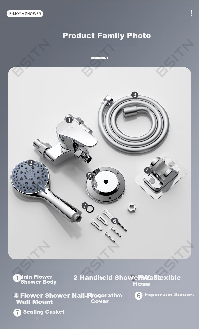BSITN Simple Surface-Mounted Shower Set Small Apartment Copper Mixing Valve Shower Head Hose Bracket Complete Set Without Top Spray H024 17