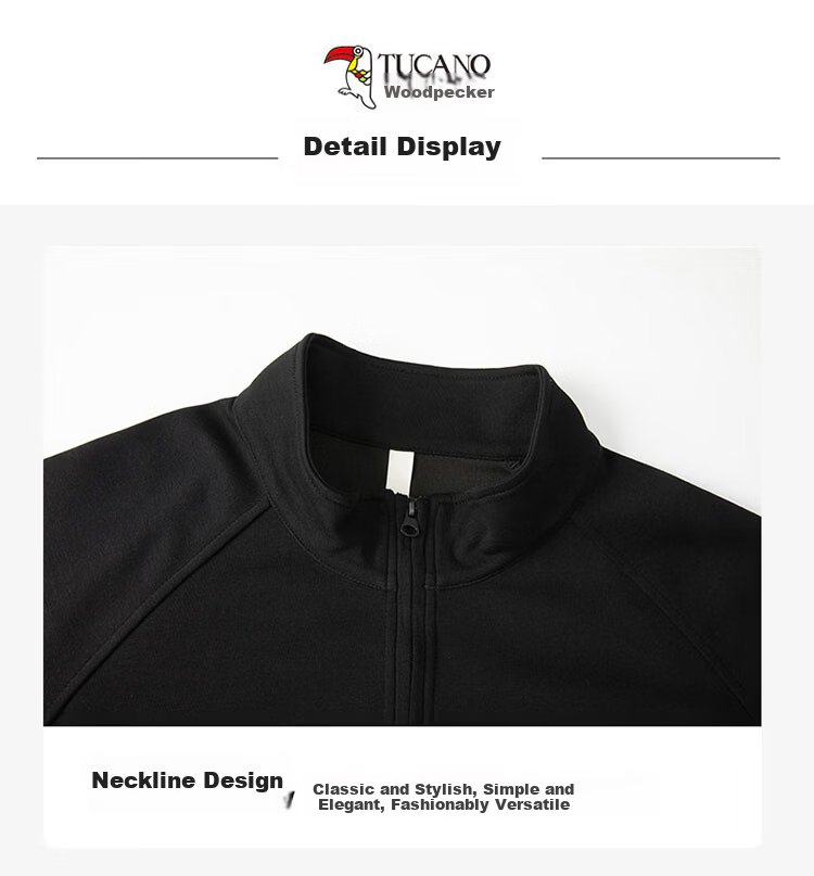 TUCANO Men's Spring and Autumn Half-Zip Stand Collar Solid Color Long Sleeve T-Shirt Base Layer Jacket Black 2XL 4