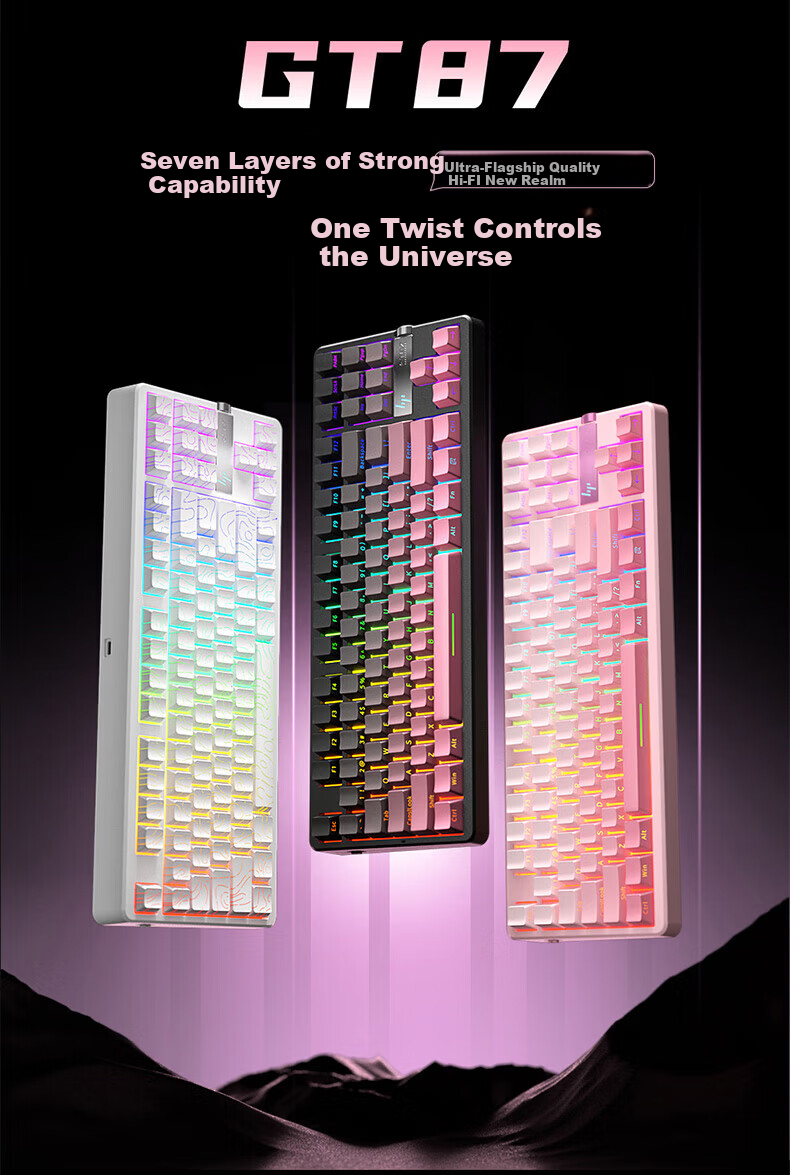 HP GT87 Custom Wireless Tri-Mode Bluetooth Gaming And E-Sports Dedicated Computer Keyboard with White Equal Height Lines And Glass Switches 1