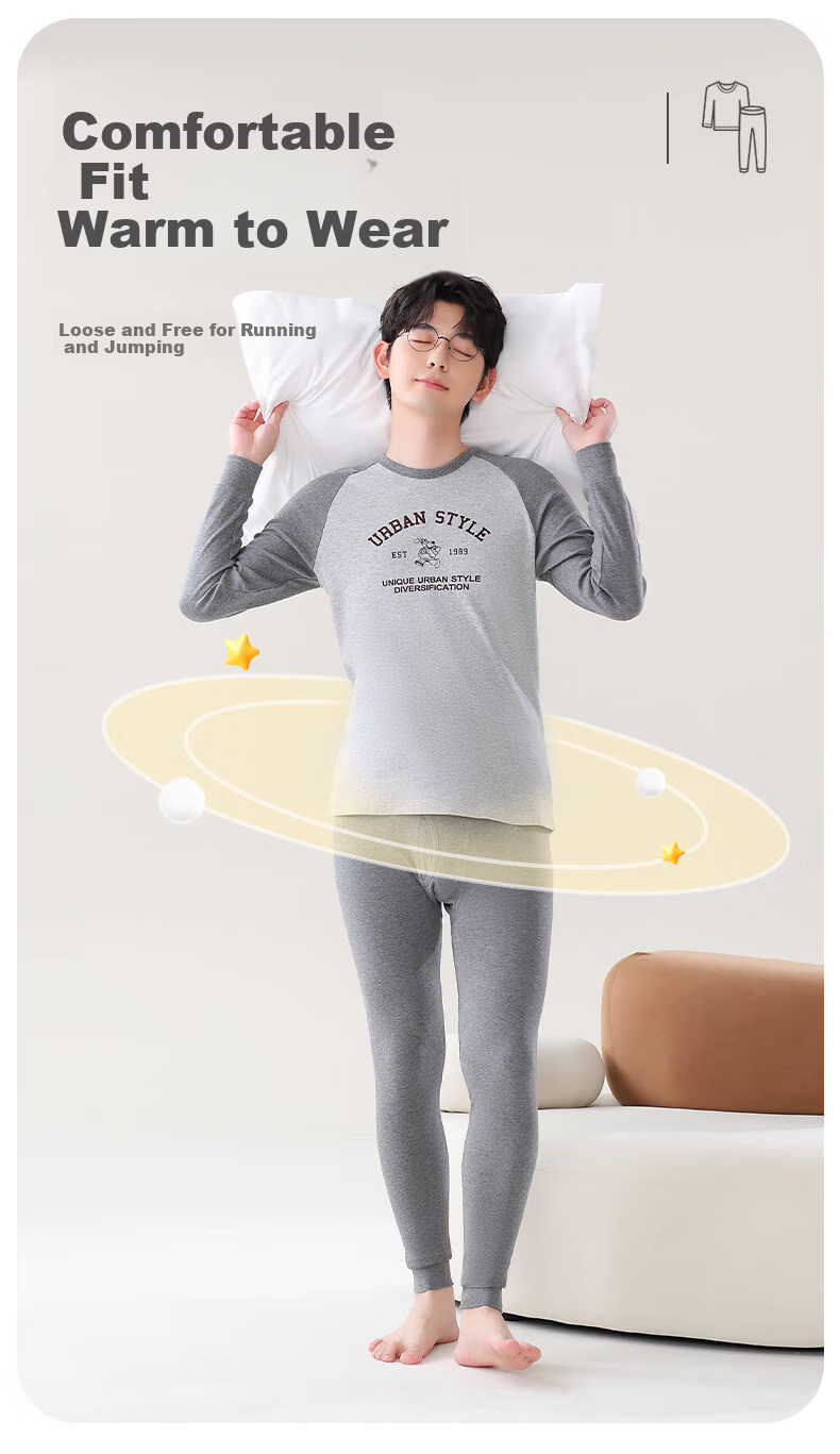 LangSha Youth Thermal Underwear Set for Boys, Ages 12-18, Pure Cotton Autumn Top and Bottom, Large Size for Teens 7