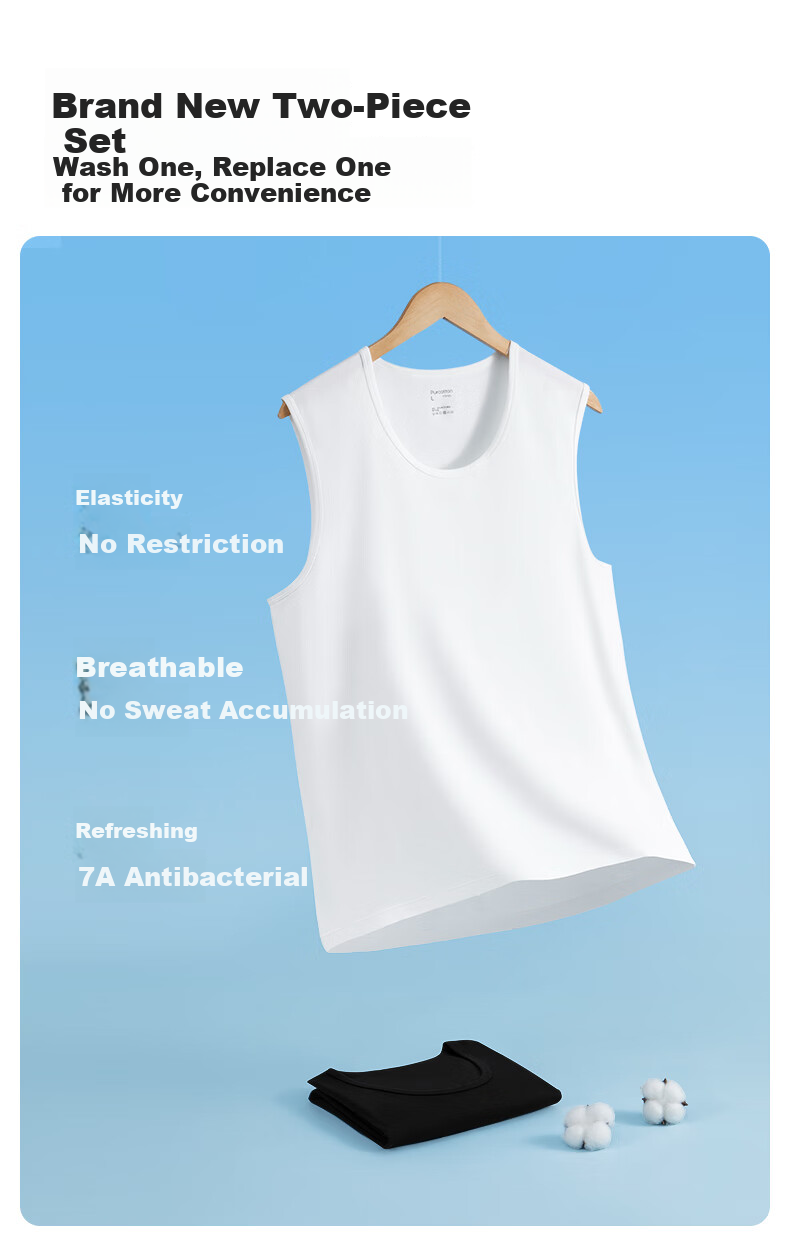 PurCotton Men's Antibacterial Wide-Shoulder Tank Top T-Shirt Base Layer 2-Pack 2