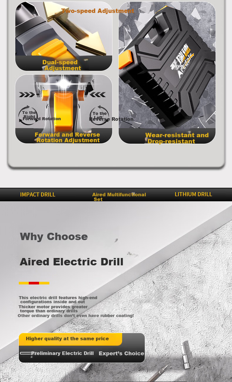 Aired Cordless Electric Drill Household Electric Screwdriver Rechargeable Double Speed Lithium Drill Tool Kit Set 5
