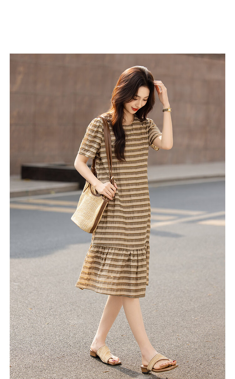 Demana [Lyocell] Summer Vintage Wrinkled Striped Ruffle Loose Slimming Concealing Dress for Women High-End Feel 14