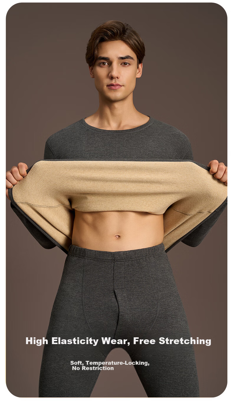 GUJIN Men's Thermal Set Camel Hair Silk Autumn Winter Base Layer Fleece Lined Quick Warm Antibacterial 10A 14