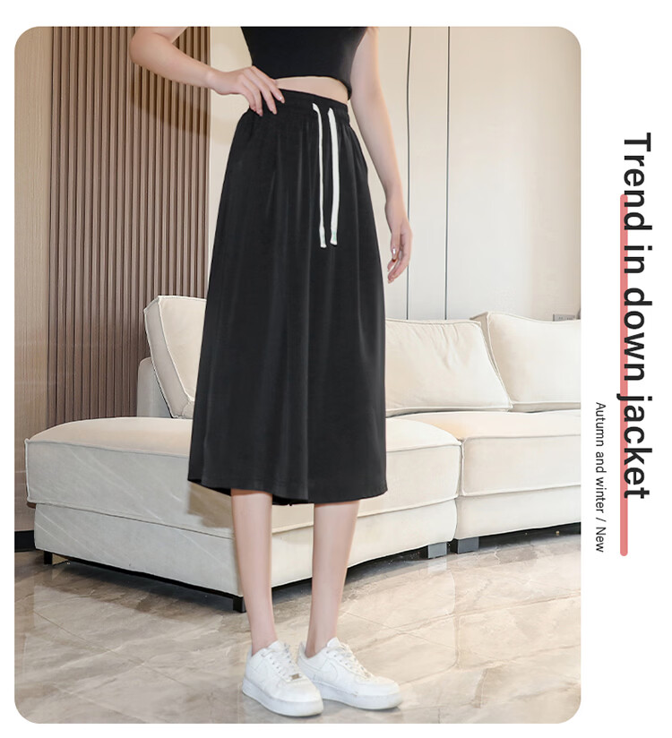 La Chapelle Women's Summer Thin High-Waist Slim Loose Draped Cropped Wide-Leg Skirt Pants Green XL 15