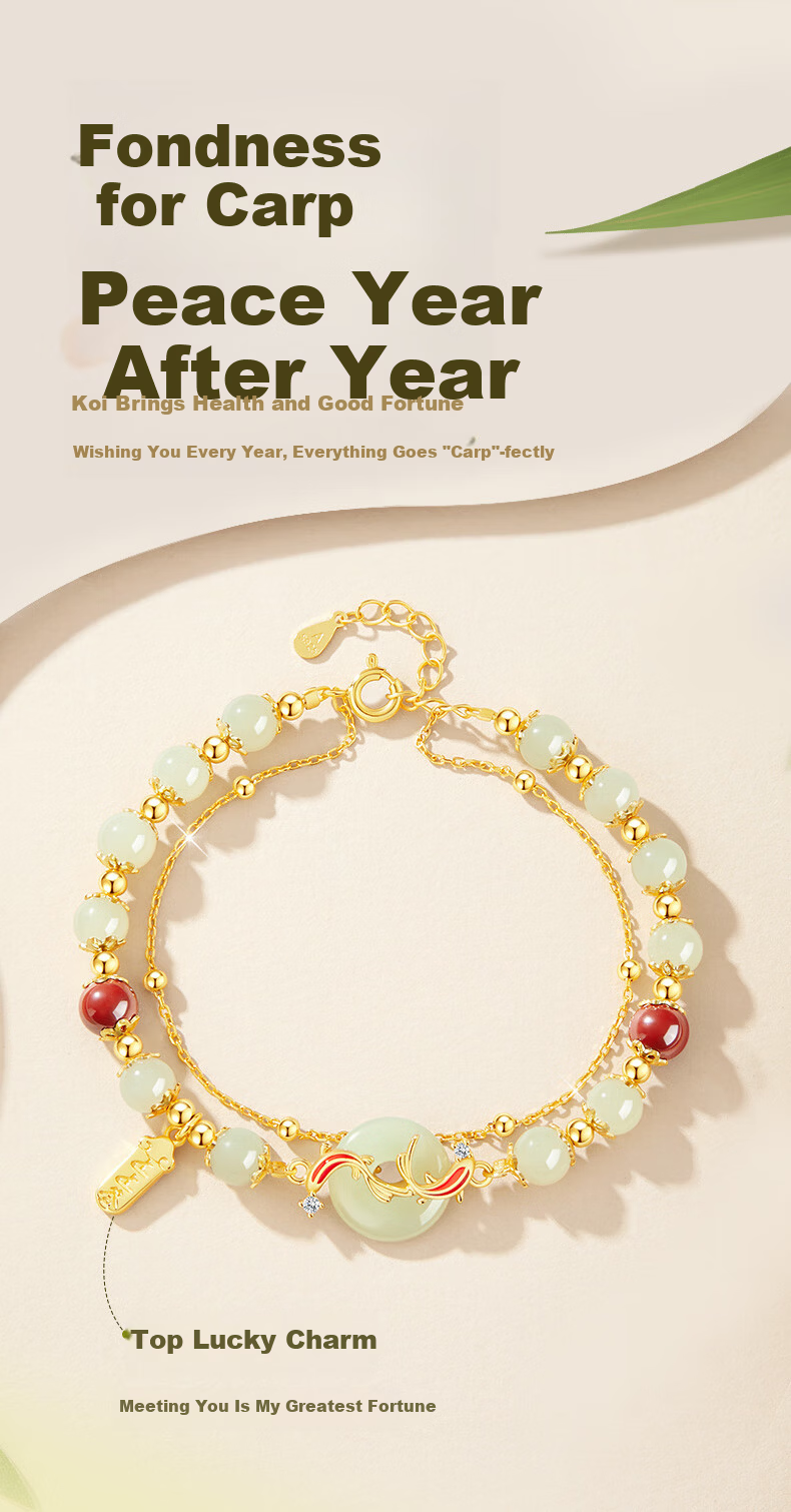 Zhenshangyin China Gold Koi Fish Safety Clasp Bracelet for Women, 2026 New Style Hetian Jade Beaded Bracelet, Birthday Gift for Girlfriend, S925 4