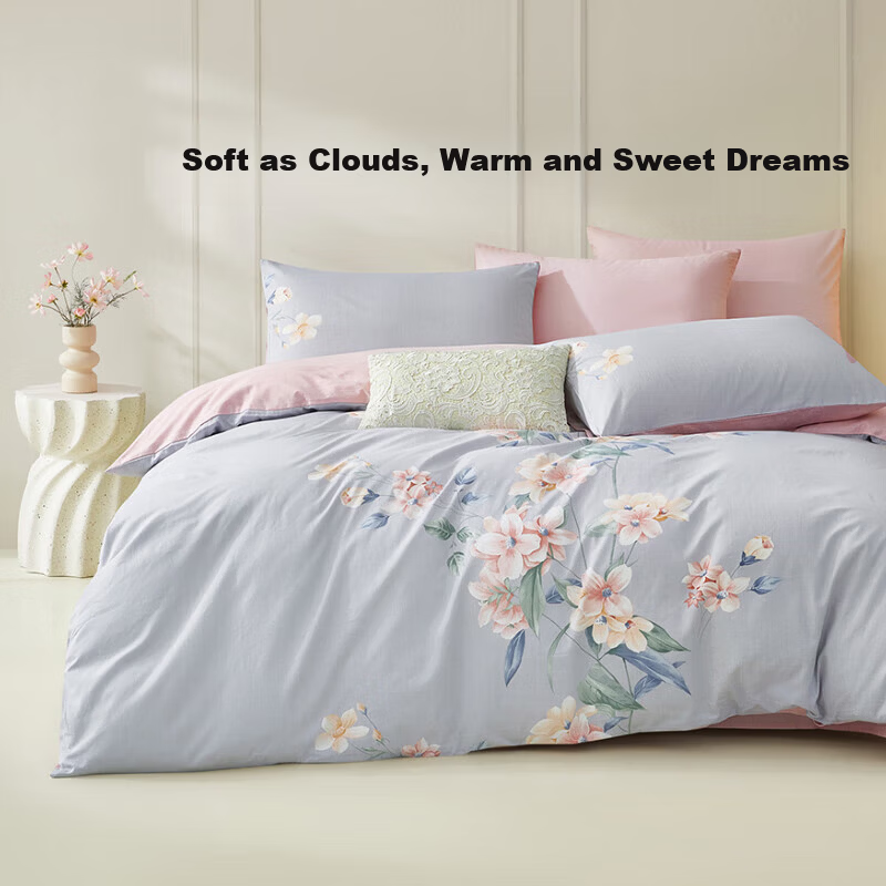 LOVO Luolai 100% Cotton Three-Piece Bedding Set Floral Bed Sheet Duvet Cover Pillowcase 150x215cm Gray