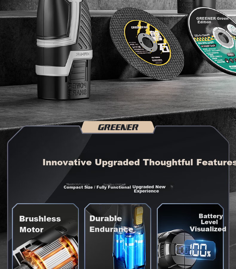 GREENER Mini Angle Grinder Cutting Machine Small Handheld Electric Grinder Cutting Machine Household Small Lithium Battery Brushless Dual Battery 3