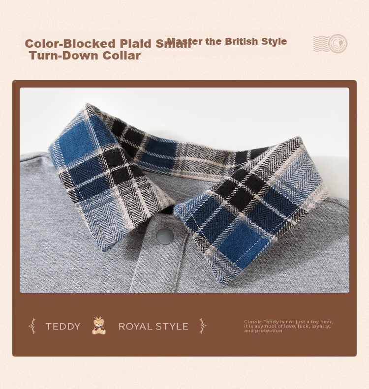 Classic Teddy Boys' Set Children's Sweatshirt and Sweatpants 2-Piece Mid-Child Spring Polo Collar Plaid Outfit Light Gray 130 3