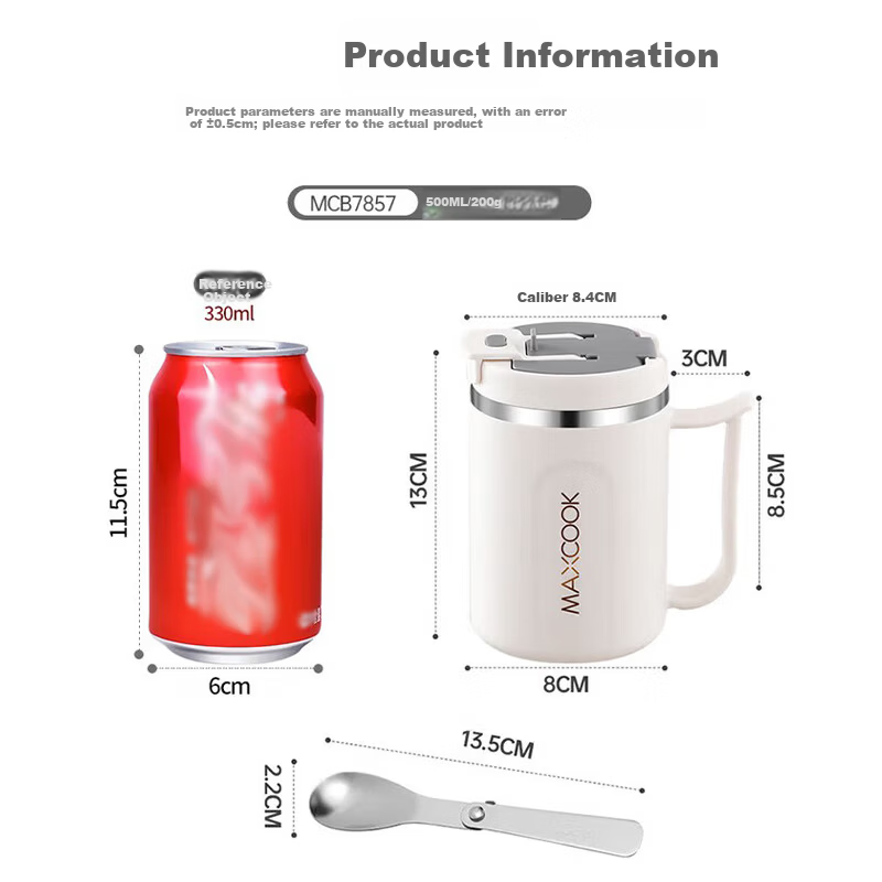 MAXCOOK Stainless Steel Insulated Coffee Mug with Lid and Spoon 500ml 304 Thermos Cup for Office Tea Brewing