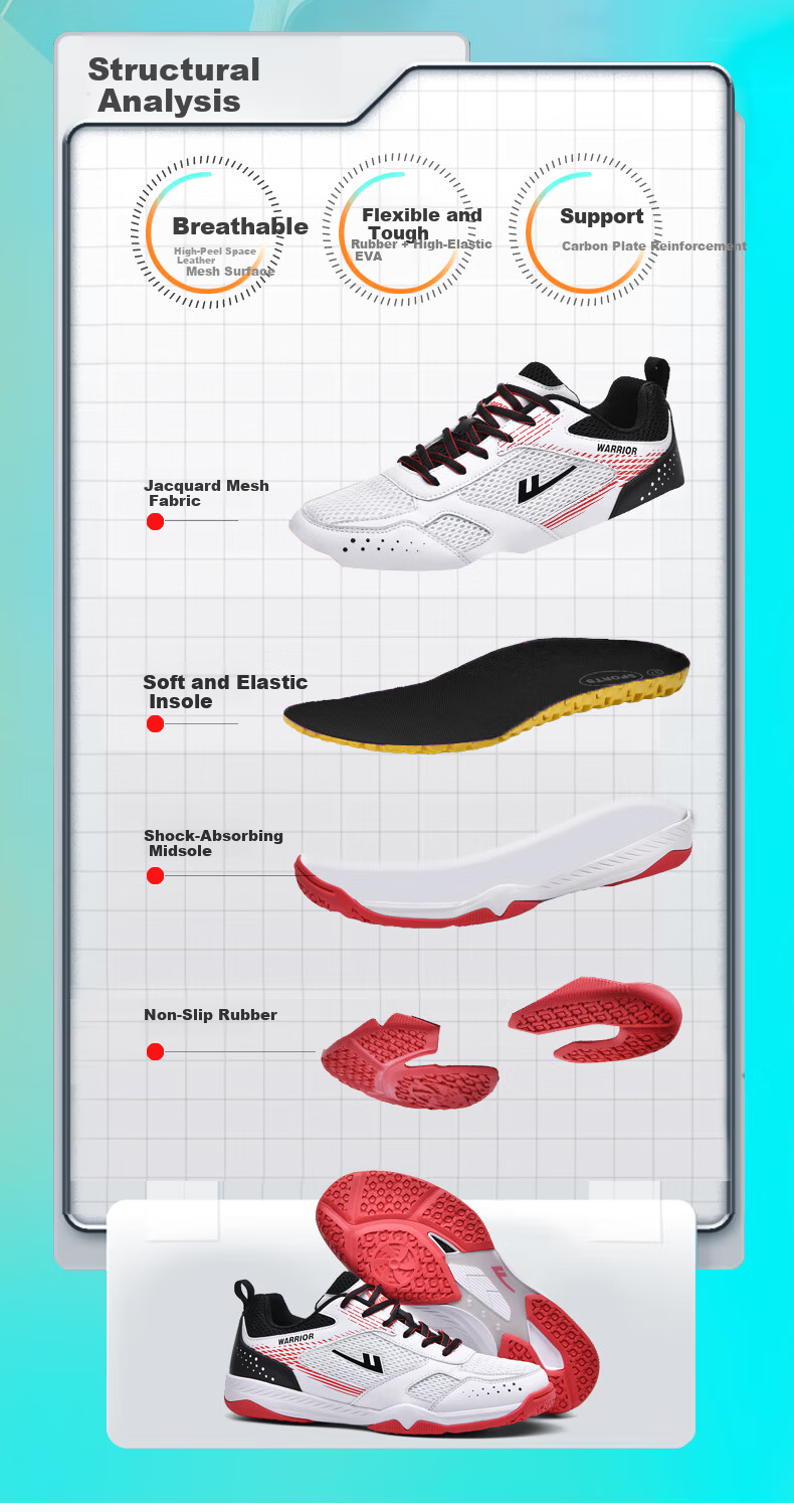 Warrior WXY-181 Table Tennis Shoes Professional Breathable Non-Slip Unisex Parent-Child Style White Black Red Size 39 2