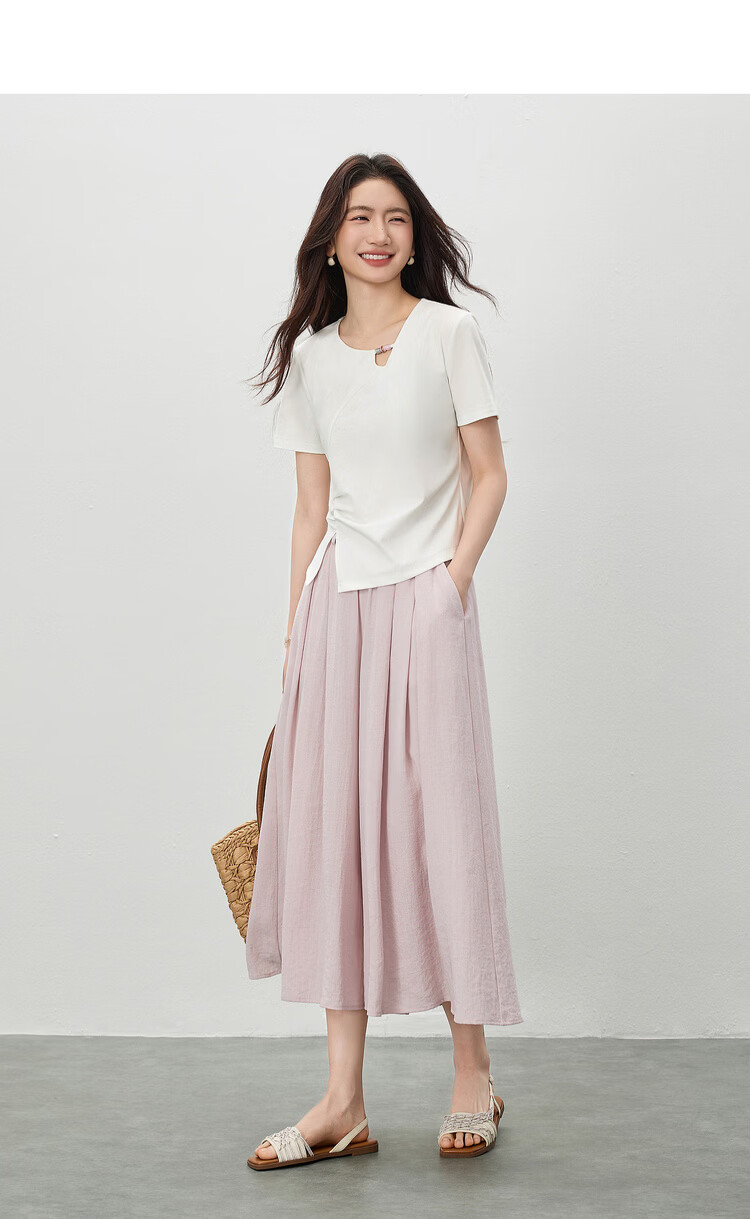 Shangdu Bila Cool Feeling Lyocell Cotton Women's T-Shirt Spring Summer Hollow Beaded Round Neck Elegant Top Curved Split Pleats Women's Wear 2