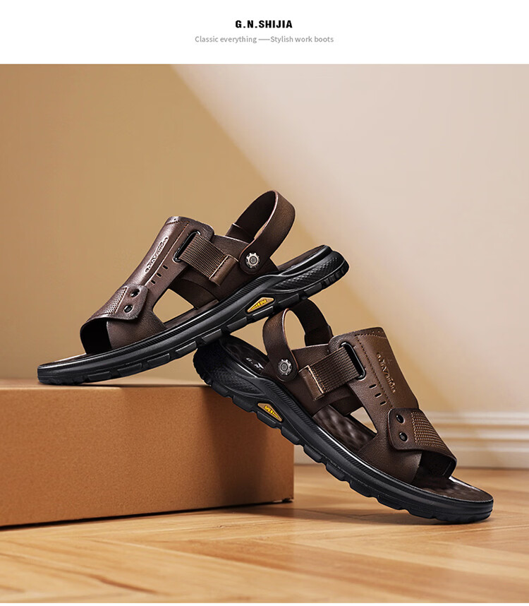Bull Family Men's Leather Summer Sandals New Genuine Leather Thick Sole Beach Shoes Outdoor Dual-Wear Casual Slippers Middle-Aged and Elderly Dad Shoes 19