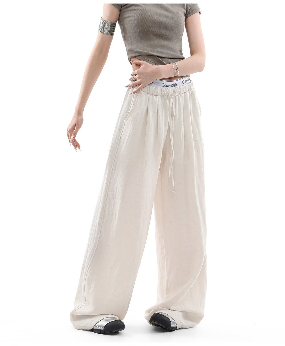 ICH MODE Women's Draped Linen Casual Pants New Loose Straight Wide-Leg Trousers Sports Pants Four Seasons Navy Blue S 21