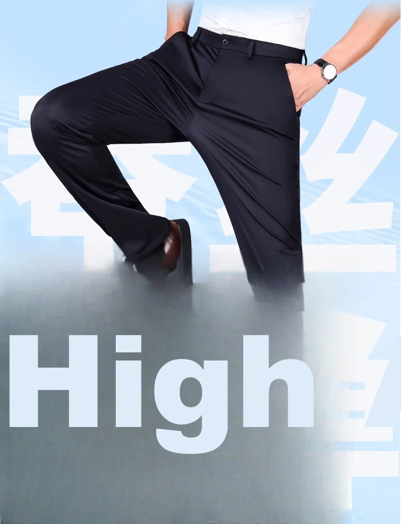 ROMON [Mulberry Silk] High-End Men's Casual Dress Pants, Summer Draping Commuter Business Suit Trousers, Navy Blue, Size 33 5