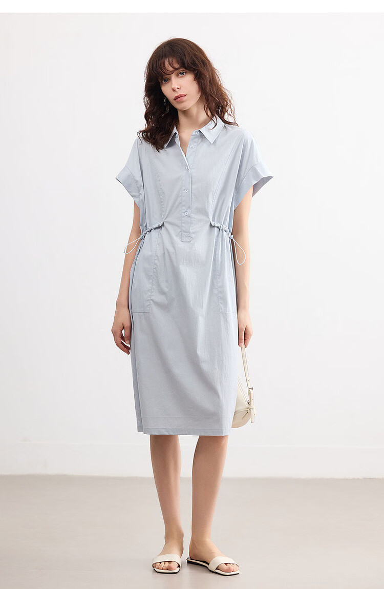 Demana [Cloud Cotton Whisper] Summer Simple Style Lapel Half-Placket Drawstring Waist Loose Casual Mid-Length Dress for Women 17