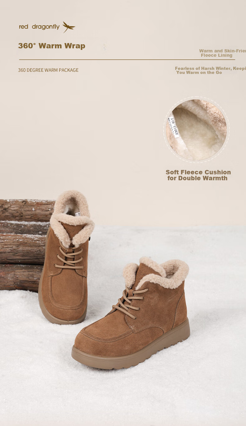 Red Dragonfly Women's Snow Boots Fleece Lined Thickened Cotton Shoes Northeast Warm Fur Short Boots WTC443832R Camel Size 38 5