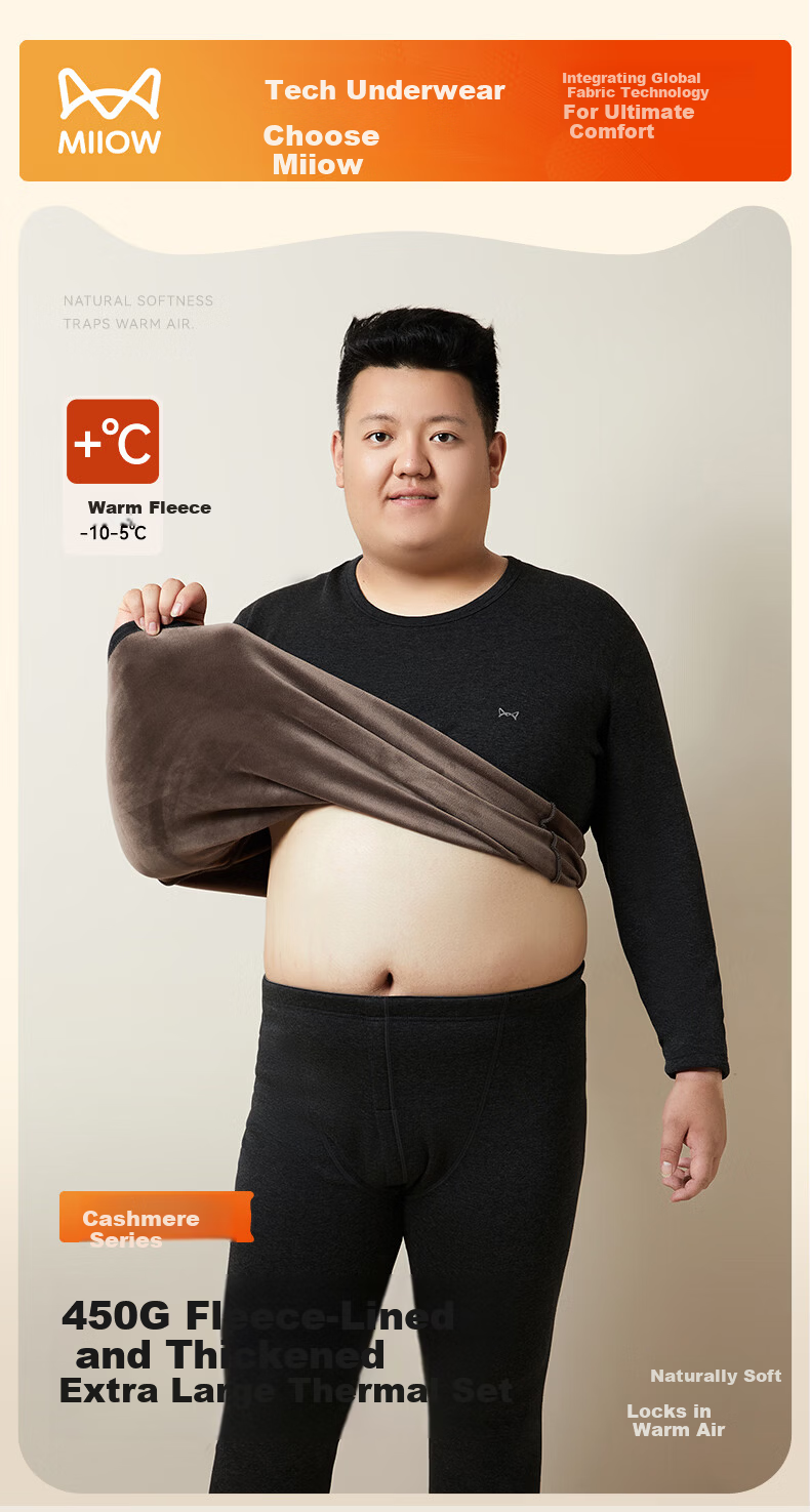 MiiOW Plus Size Cashmere Men's Thermal Underwear Set Fleece Lined Thickened Cold Resistant Autumn Winter Pajamas 1