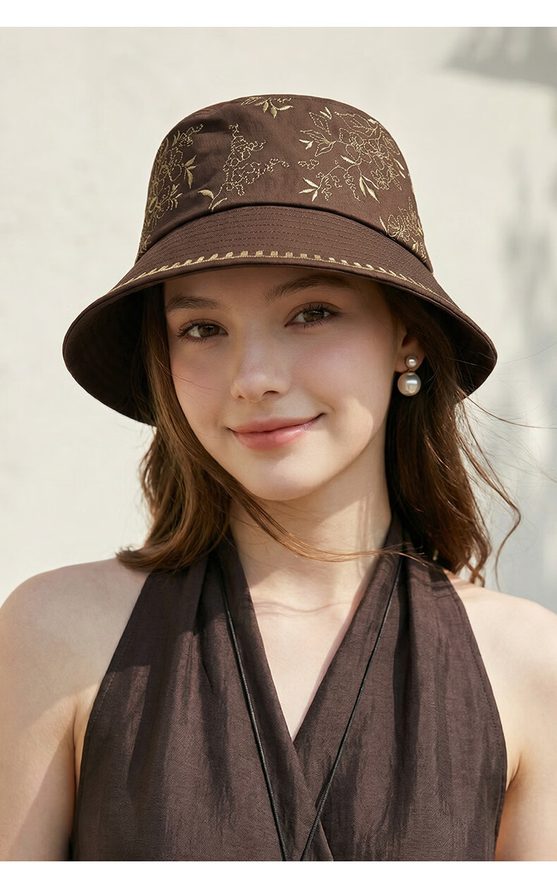 CACUSS Women's Fisherman Hat Spring Summer Pure Cotton Face-Slimming Sunshade Outdoor Casual Bucket Hat National Style Embroidery Ink Jade Black 9
