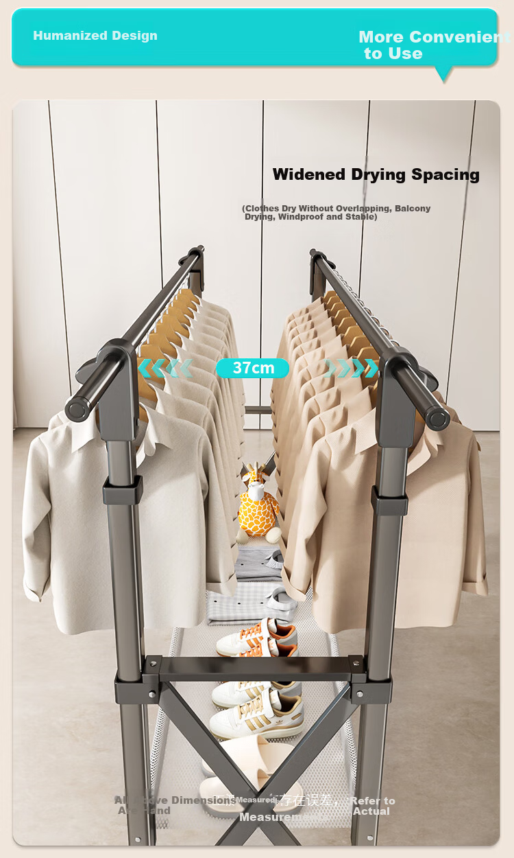 Hotata Floor-Standing Clothes Drying Rack Home Adjustable Double Rod with Drying Net Universal Wheels Mobile Outdoor H-Frame Drying Rack 9