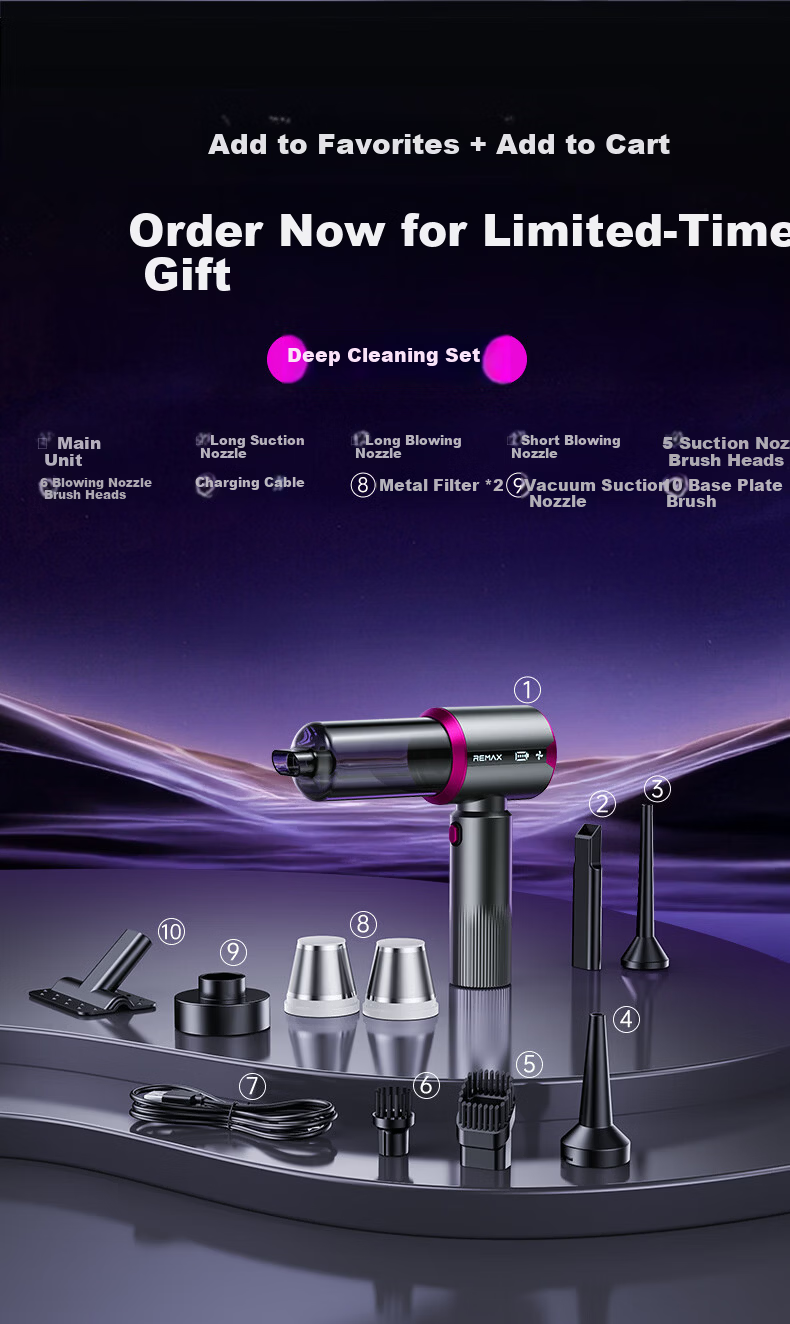 REWONDER German Top Configuration 22000PA Smart Interactive Car Vacuum Cleaner Handheld High Suction Long Battery Life Automotive Vacuum Gray Multifunctional Outdoor 3