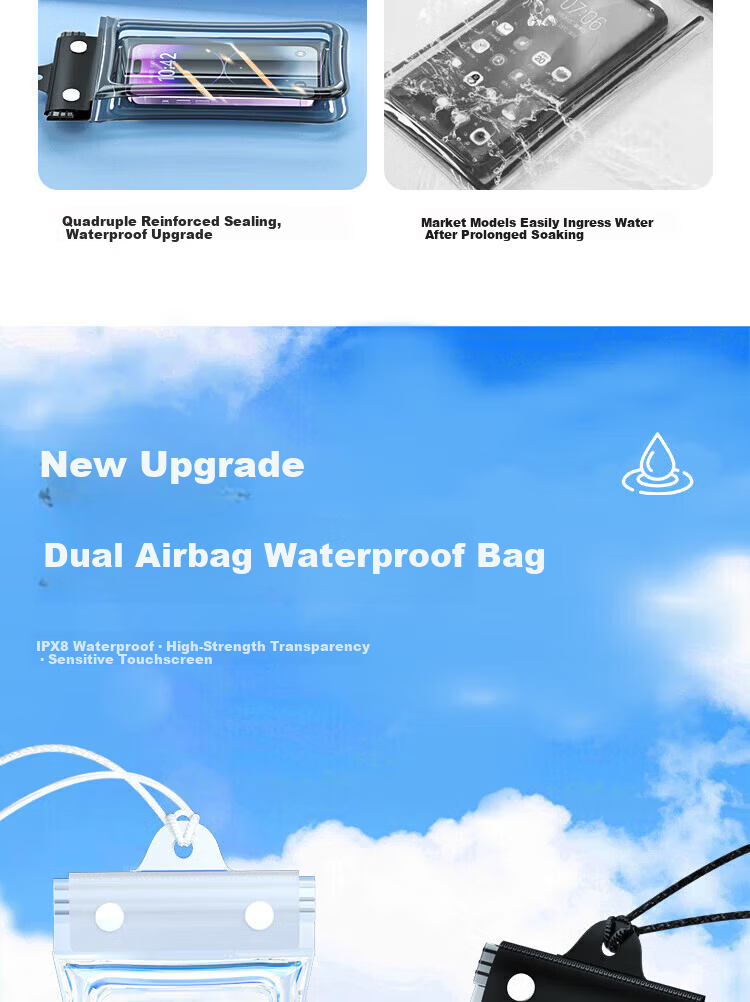 Beiyipin Transparent Waterproof Phone Pouch Touchscreen Swimming Beach Floating Water Park Sealed Lanyard Airbag Phone Case Neck Hanging Waterproof Rainproof Hot Spring Deep Diving Sealed Bag 3