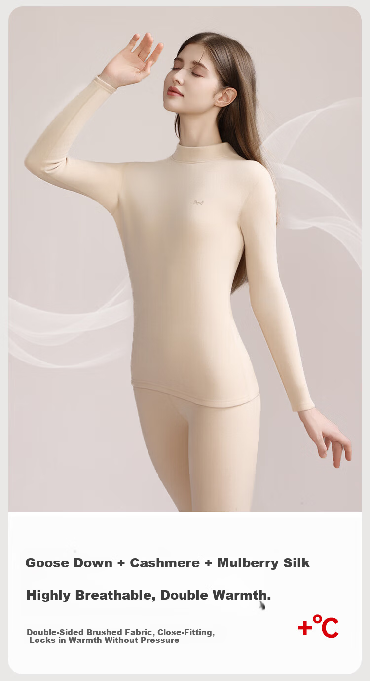 Miiow Women's Thermal Underwear Set Mid-Neck Goose Down Cashmere Silk Fleece Lined Thickened Warm Set 3