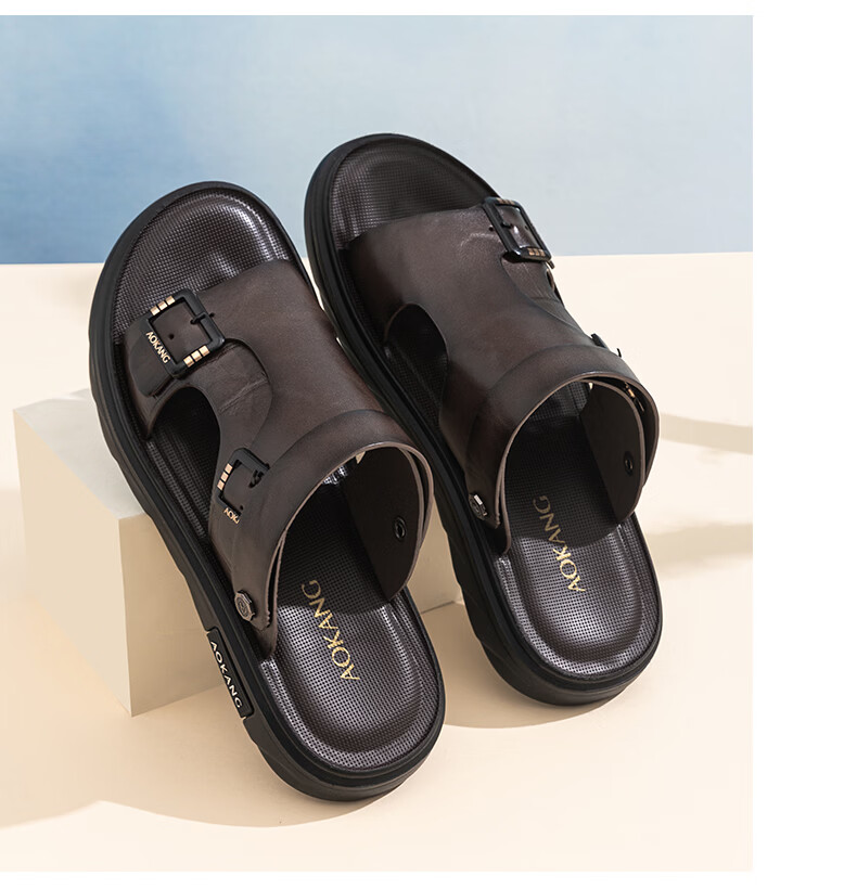 Aokang First Layer Cowhide Men's 2026 New Summer Breathable Leather Sandals Black Size 41 9