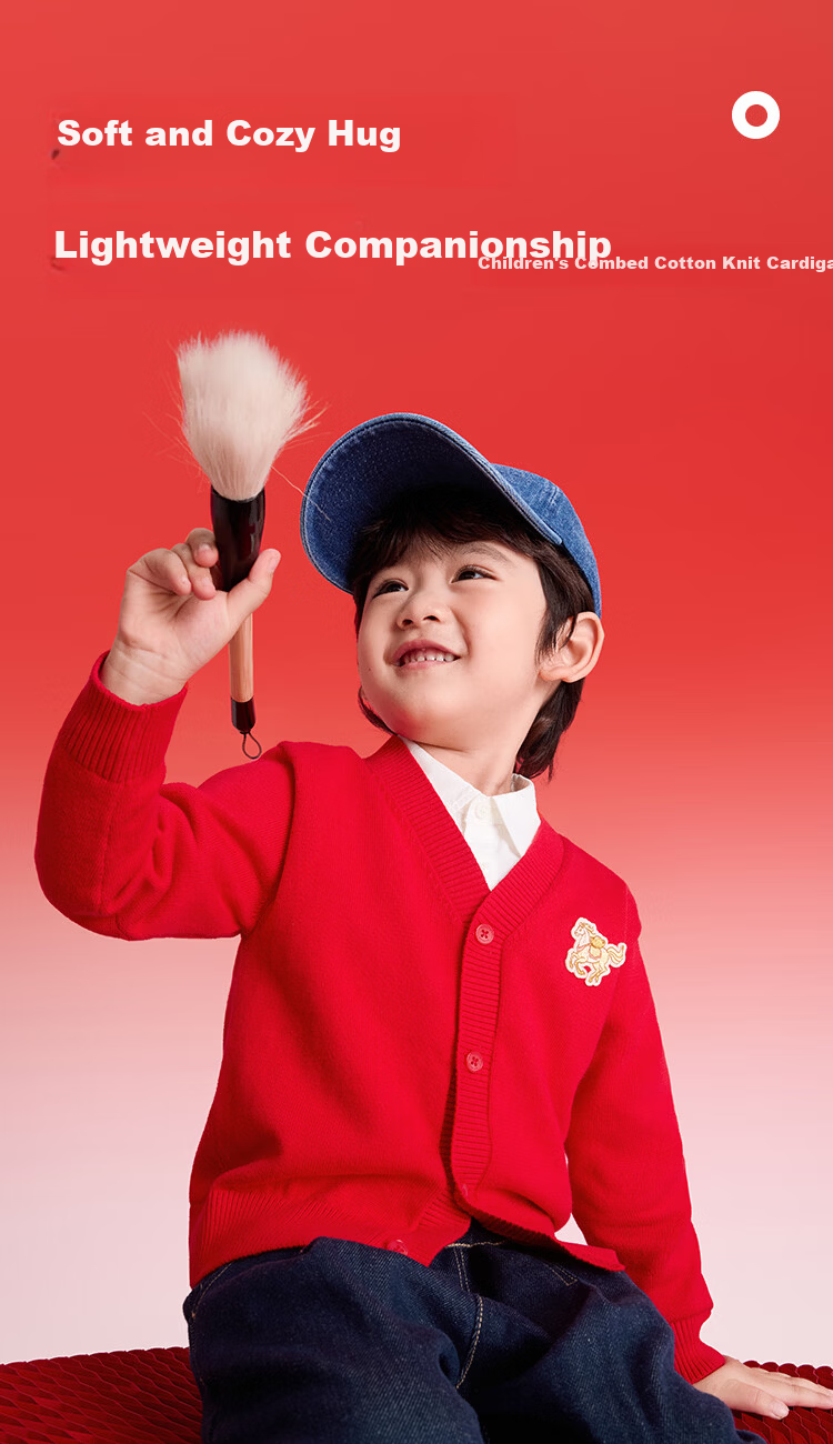 Balabala Kids Sweater Boys Girls V-Neck Knitted Cardigan Horse Patch Red New Year Outfit 1