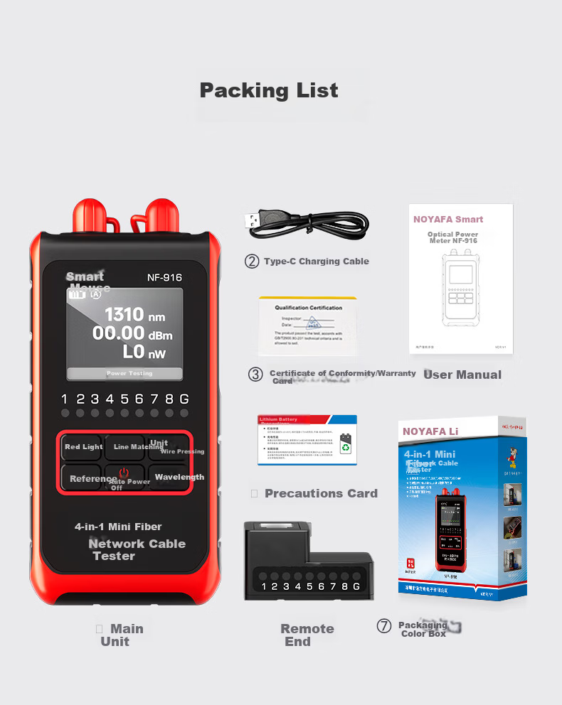 Smart Mouse NF-916 Mini Fiber Optic Network Cable Tester 4-in-1 2.5mm Optical Power Meter Red Light Pen 18