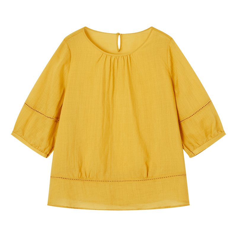 Demana [Ramie Lyocell Blend] Summer Round Neck Hollow Out Small Lace Loose Slimming Concealing Shirt for Women Premium Feel
