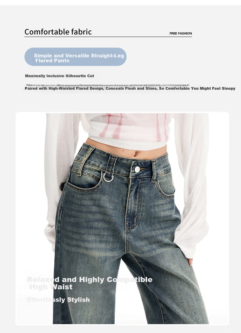 Jeanswest Women's Spring Summer High Street Slim Fit High Waist Straight Wide Leg Flared Floor-Length Jeans Retro Blue M 3