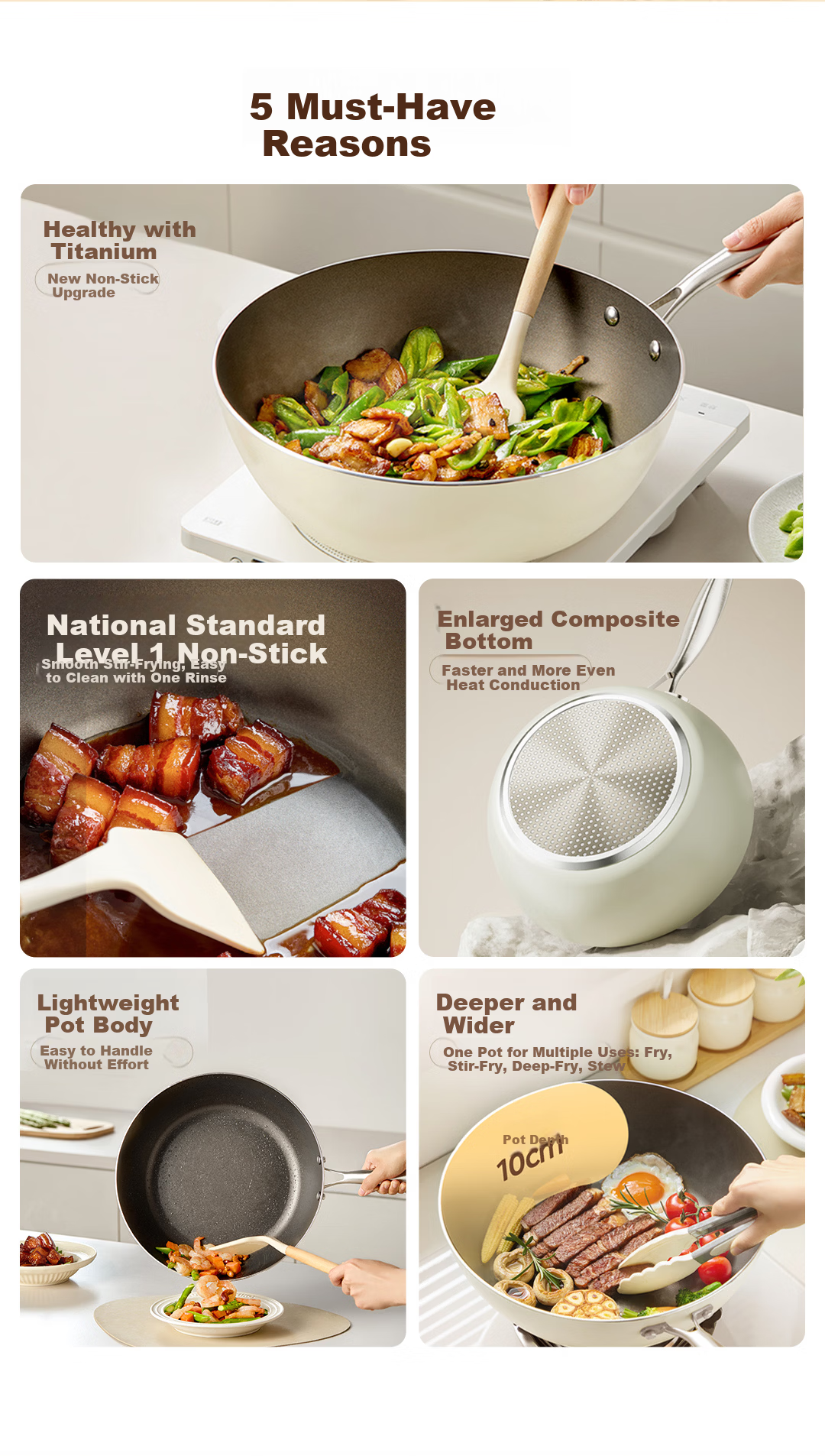 Midea Non-Stick Titanium Wok 30cm Flat Bottom Frying Pan Compatible with Induction Cooker 2