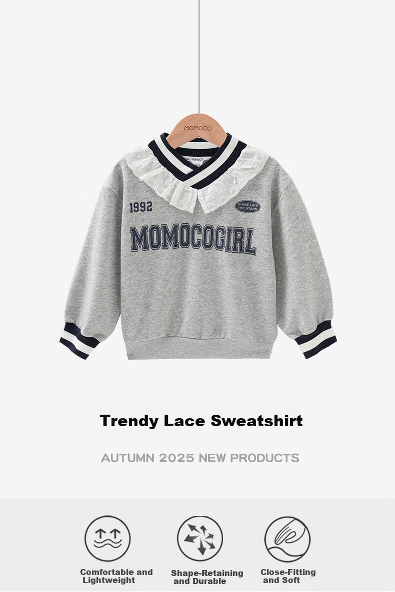 MOMOCO Girls' Sweatshirt Autumn Winter Kids Long Sleeve Stylish Sweet Ruffled Sweatshirt 02 Floral Gray Size 150 1