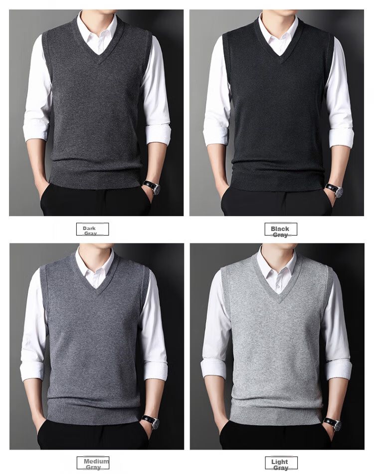 Hengyuanxiang Men's Knitted Vest Sleeveless Sweater Black XL Autumn Winter Thick Warm V-Neck Dad Style 5