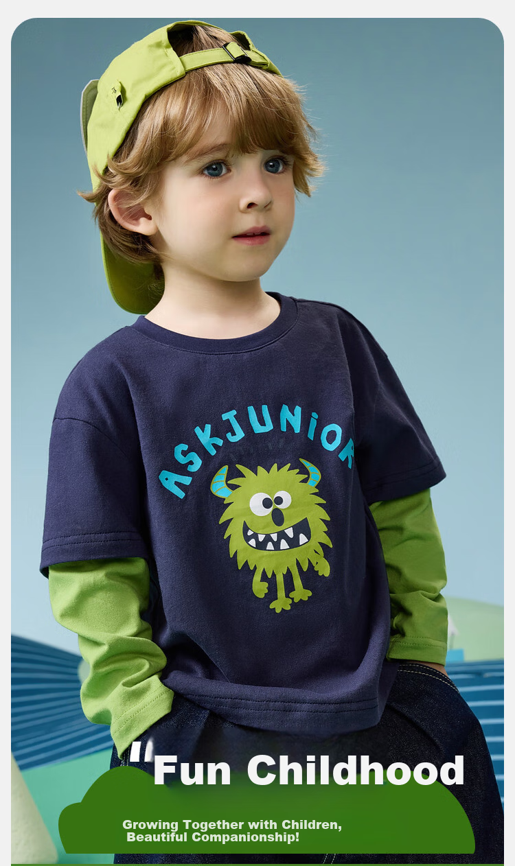 ASK JUNIOR Faux Two-Piece Children's Long Sleeve T-Shirt 26 Spring Big Kids Monster Pattern Toddler Base Shirt Boys Top 2