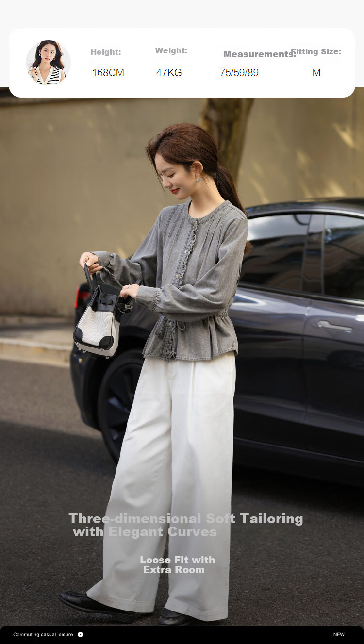 Demana Cloud Cotton 100 Lyocell French Style Round Neck Ruffle Drawstring Denim Shirt for Women Spring Autumn Premium 9